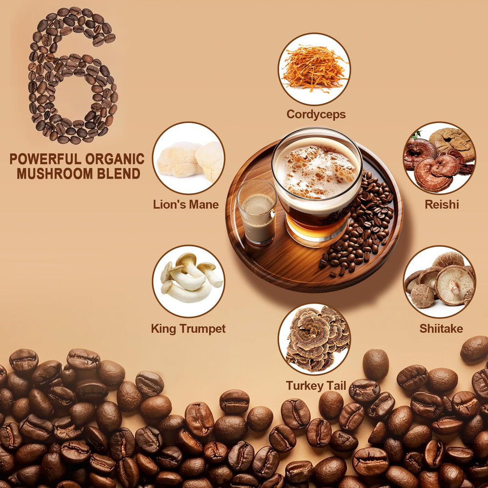 Illustration showing six mushrooms: Lion’s Mane, Reishi, Cordyceps, Shiitake, King Trumpet, Turkey Tail