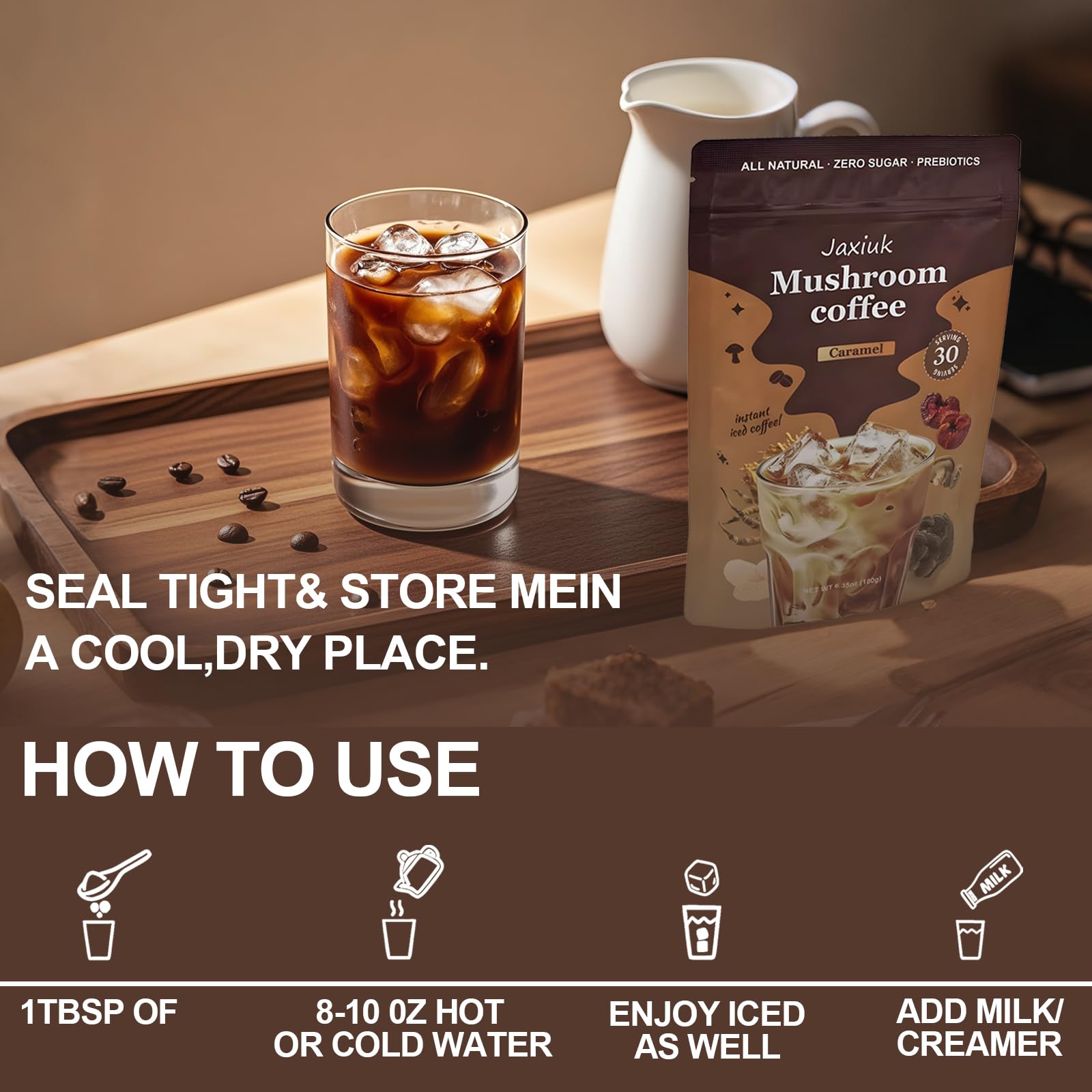 Instant mushroom coffee powder ready to measure