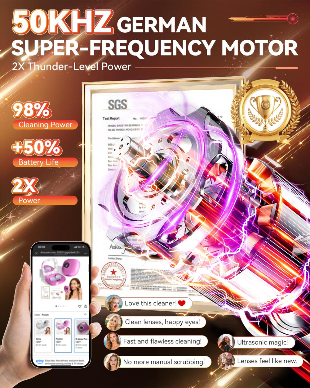 Purple 2025 Ultrasonic Contact Lens Cleaner – top view with 3-in-1 design