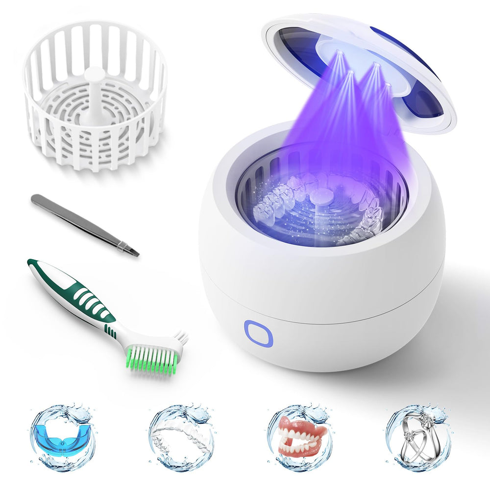 2025 Ultrasonic Retainer Cleaner with 200ml cleaning pod on white background