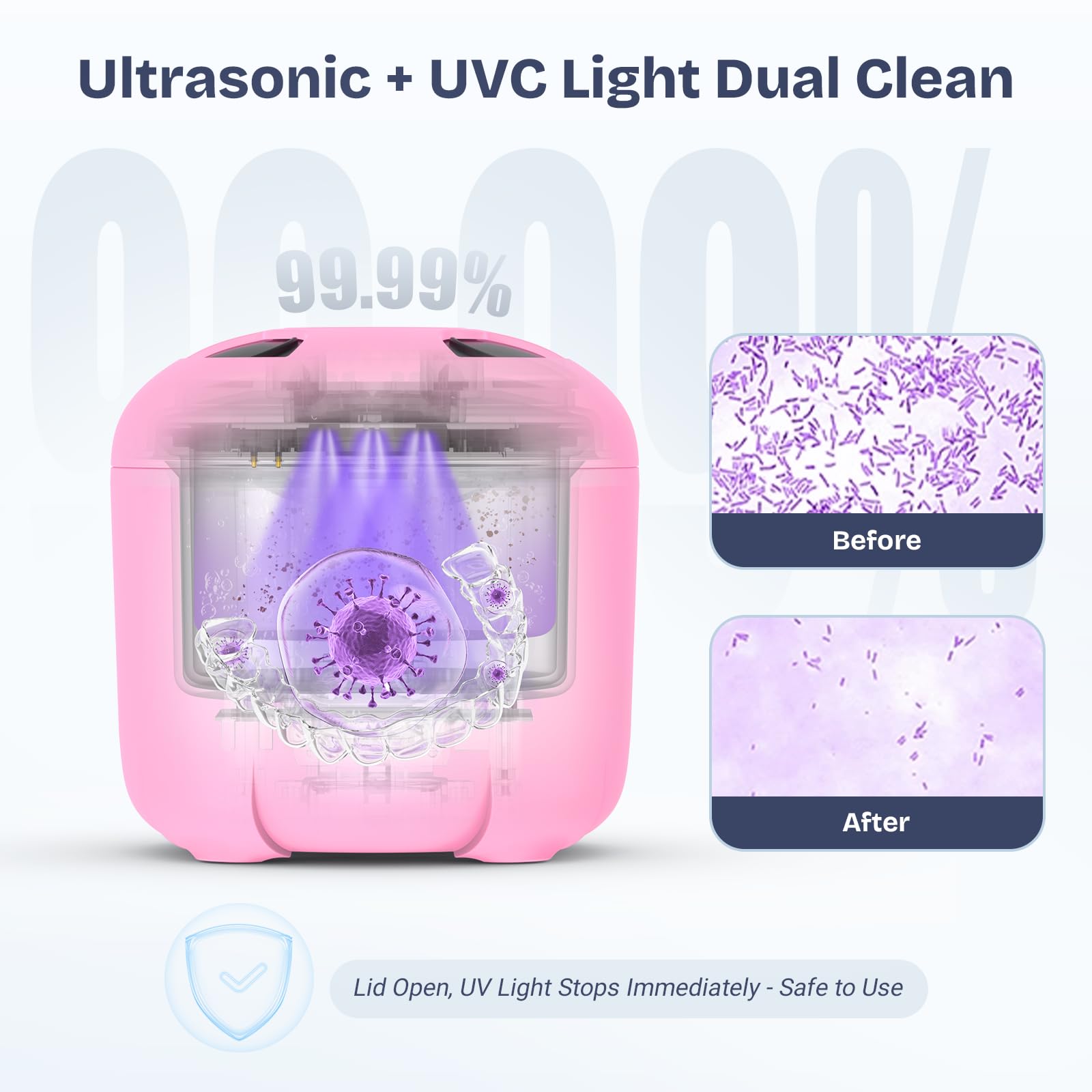 Close-up of the pink ultrasonic cleaner showing 45KHz/25W specification