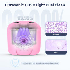 Close-up of the pink ultrasonic cleaner showing 45KHz/25W specification