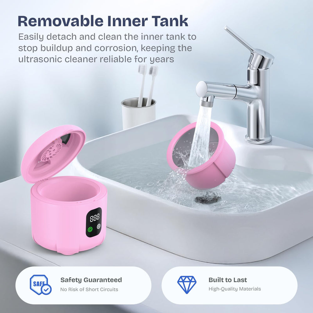 Included accessories: cleaning tray, brush, and tweezers with pink unit