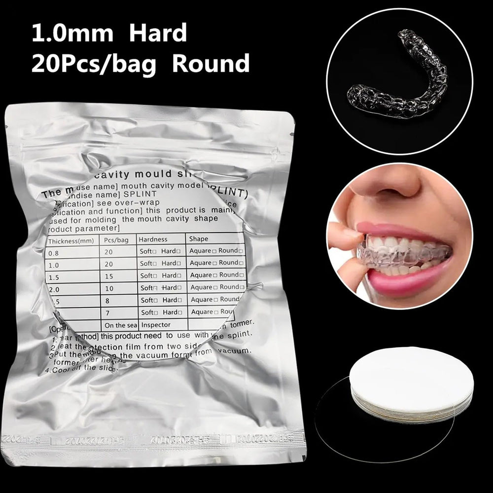 Close-up of round 1.0mm transparent dental splint sheet