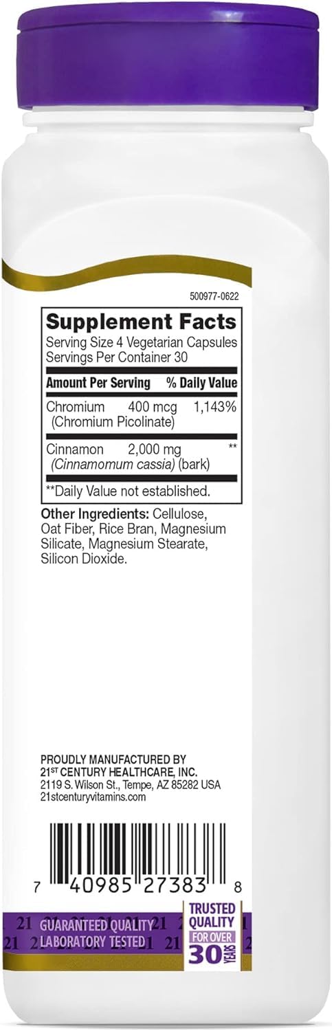 Nutrition facts panel for cinnamon 2000 mg plus chromium capsules