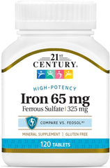 Front view of 21st Century Iron 65 mg ferrous sulfate 325 mg tablets bottle