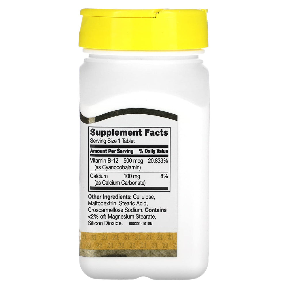 Label close-up of Vitamin B-12 500 mcg supplement, 110 tablets