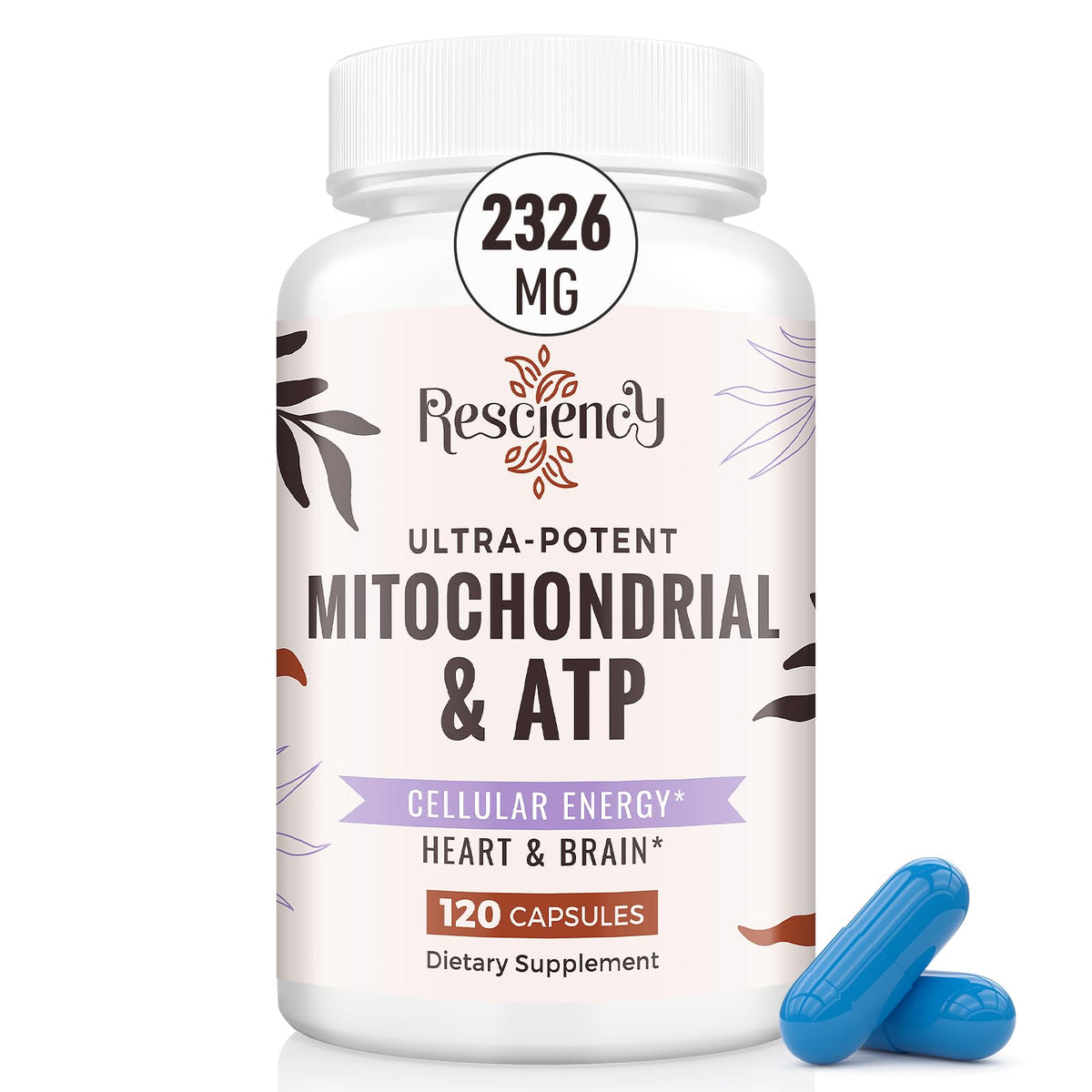 Front view of 2326 MG Mitochondrial Supplements bottle with ATP, CoQ10 and PQQ