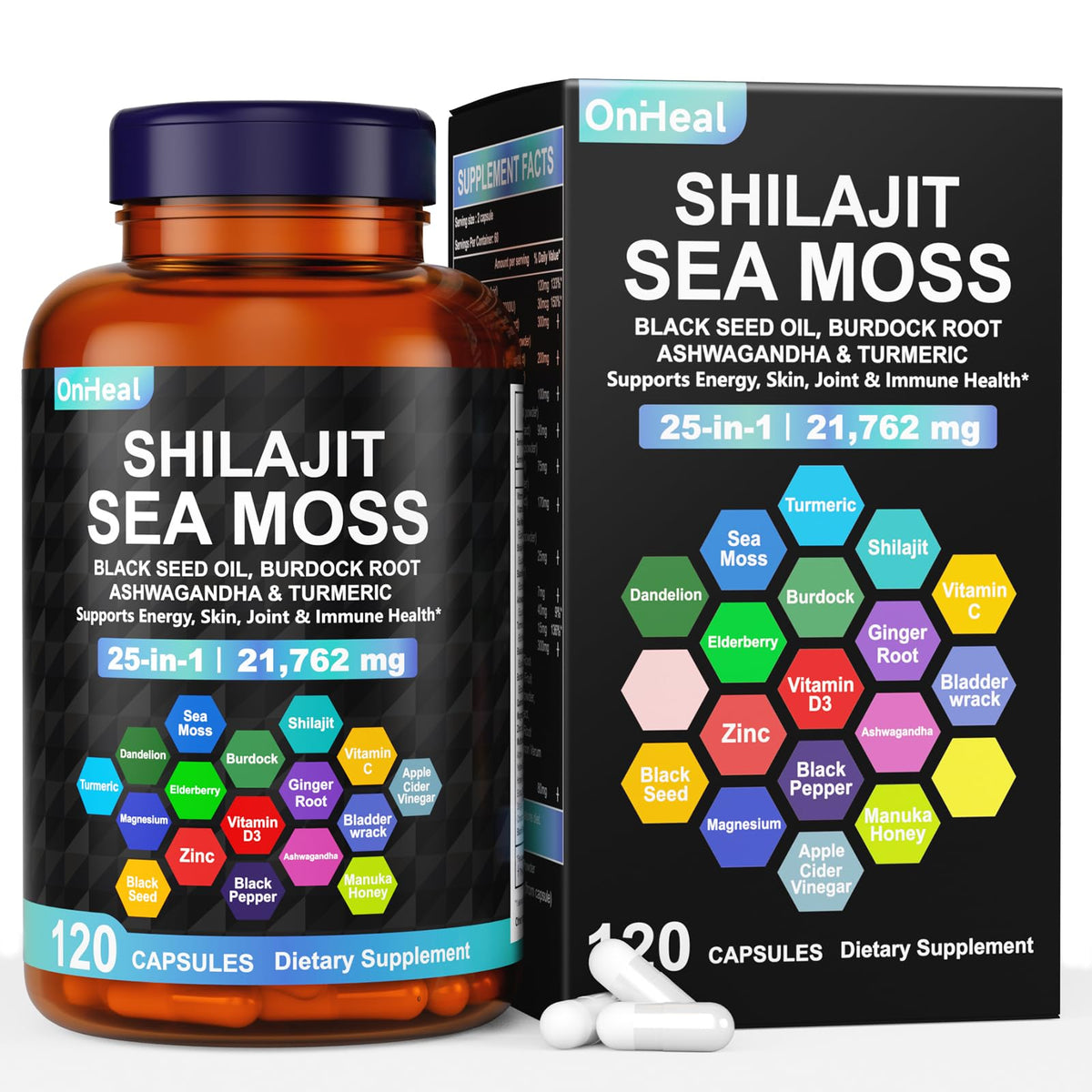 Bottle of 25-in-1 sea moss and shilajit supplement with capsules