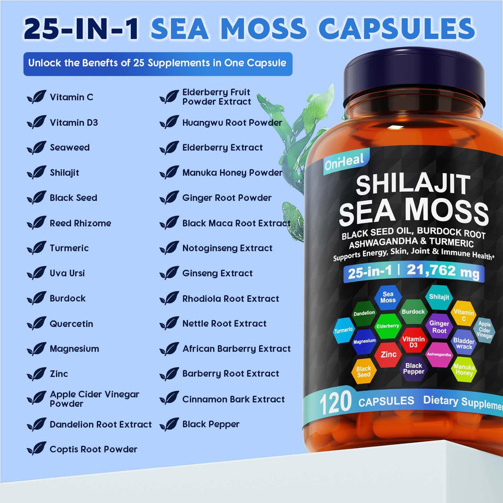 Capsules containing sea moss, black seed oil, ashwagandha and ginger