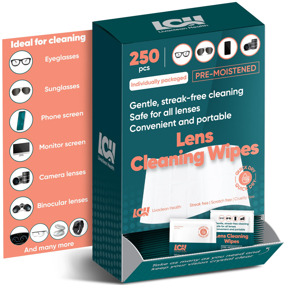 Bottom-dispense box of 250-count lens wipes