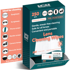 Bottom-dispense box of 250-count lens wipes