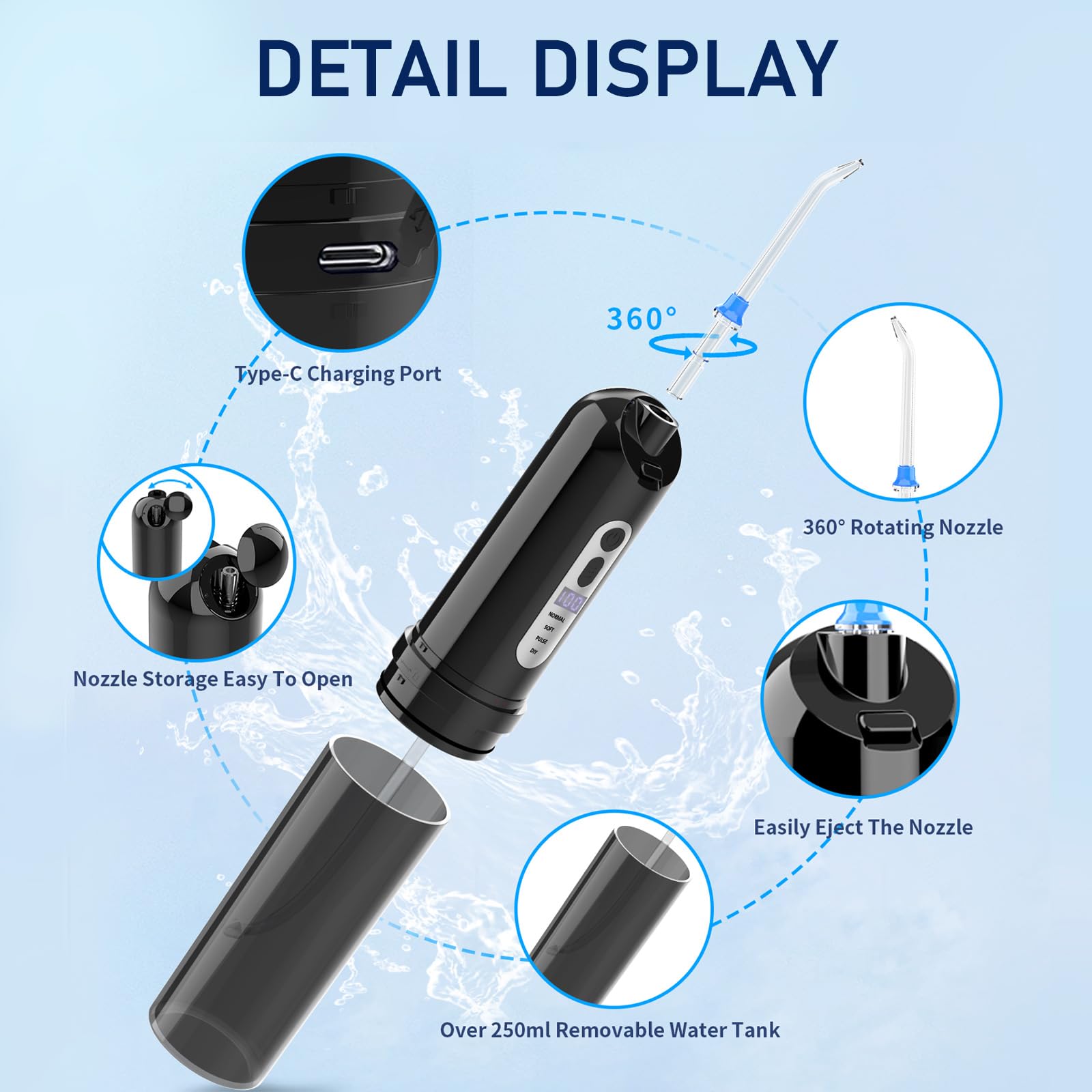 250ml telescopic water reservoir for full-mouth cleaning