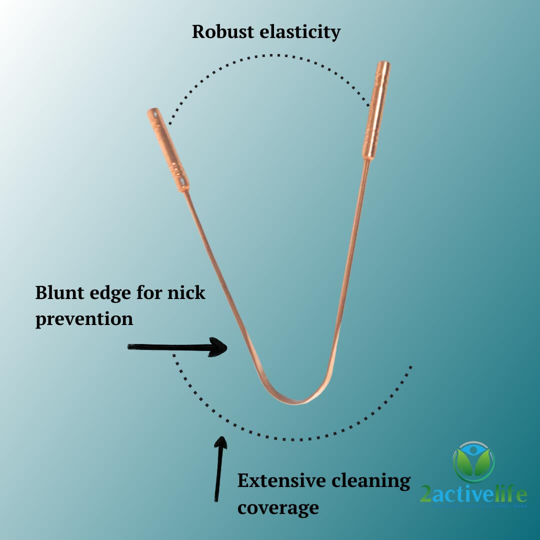 Copper tongue scraper with cleaning and care features