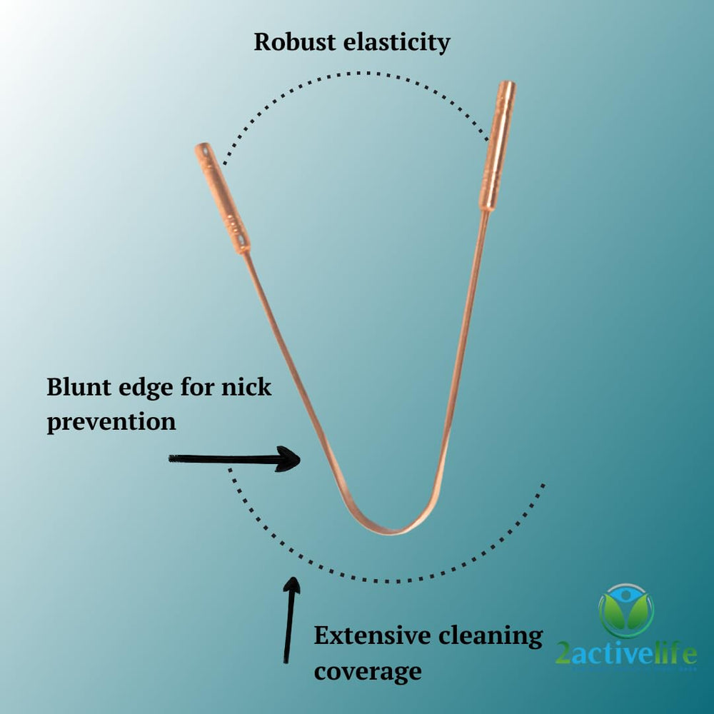 Copper tongue scraper with cleaning and care features