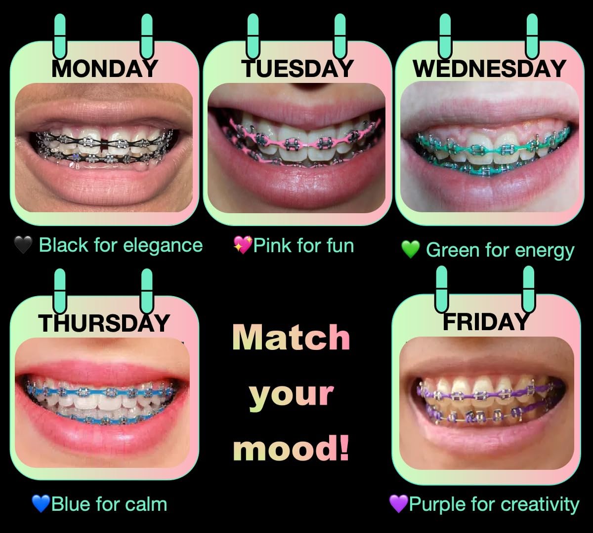 Five rolls of continuous orthodontic power chains laid out together