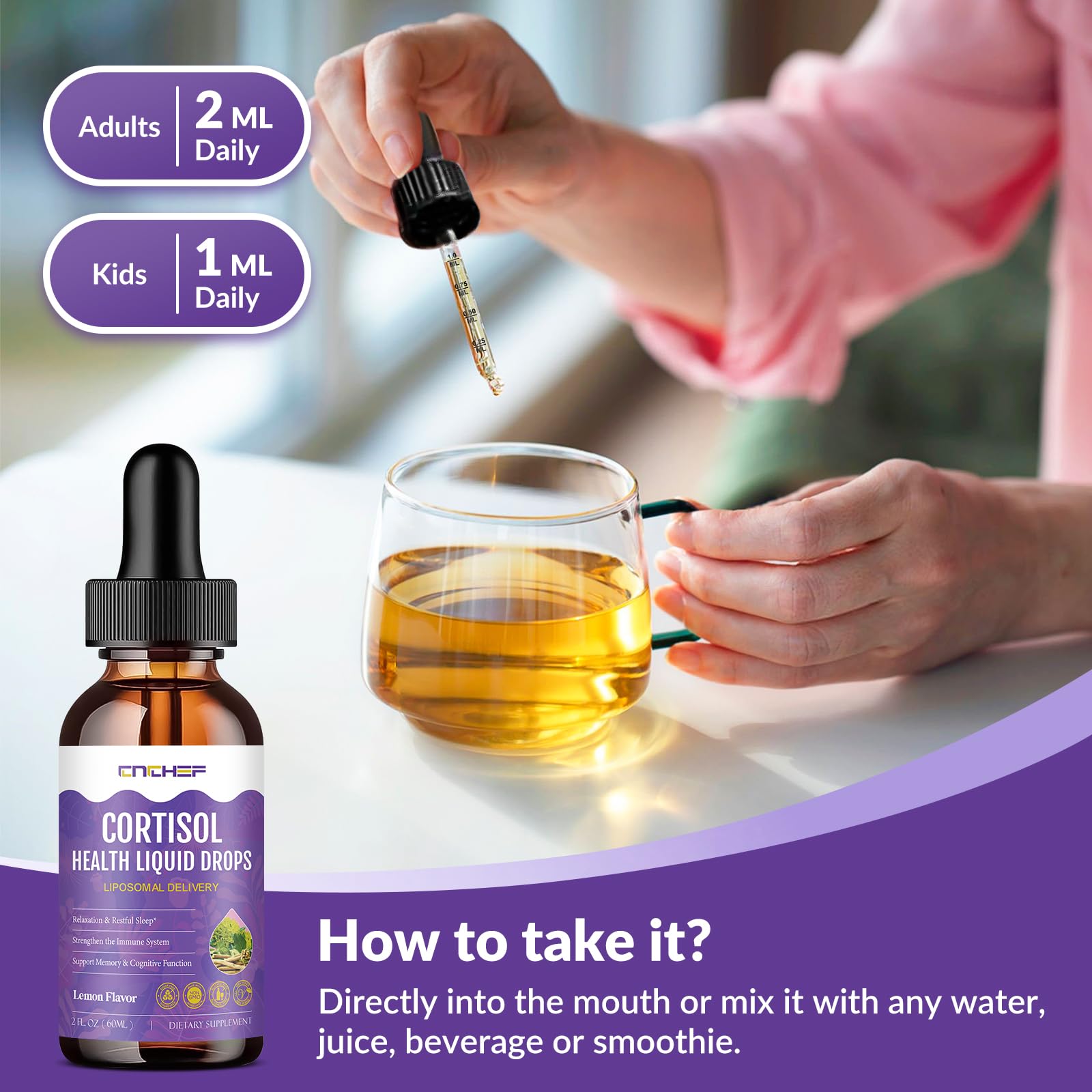 Dropper delivering 2 ml daily dose under tongue