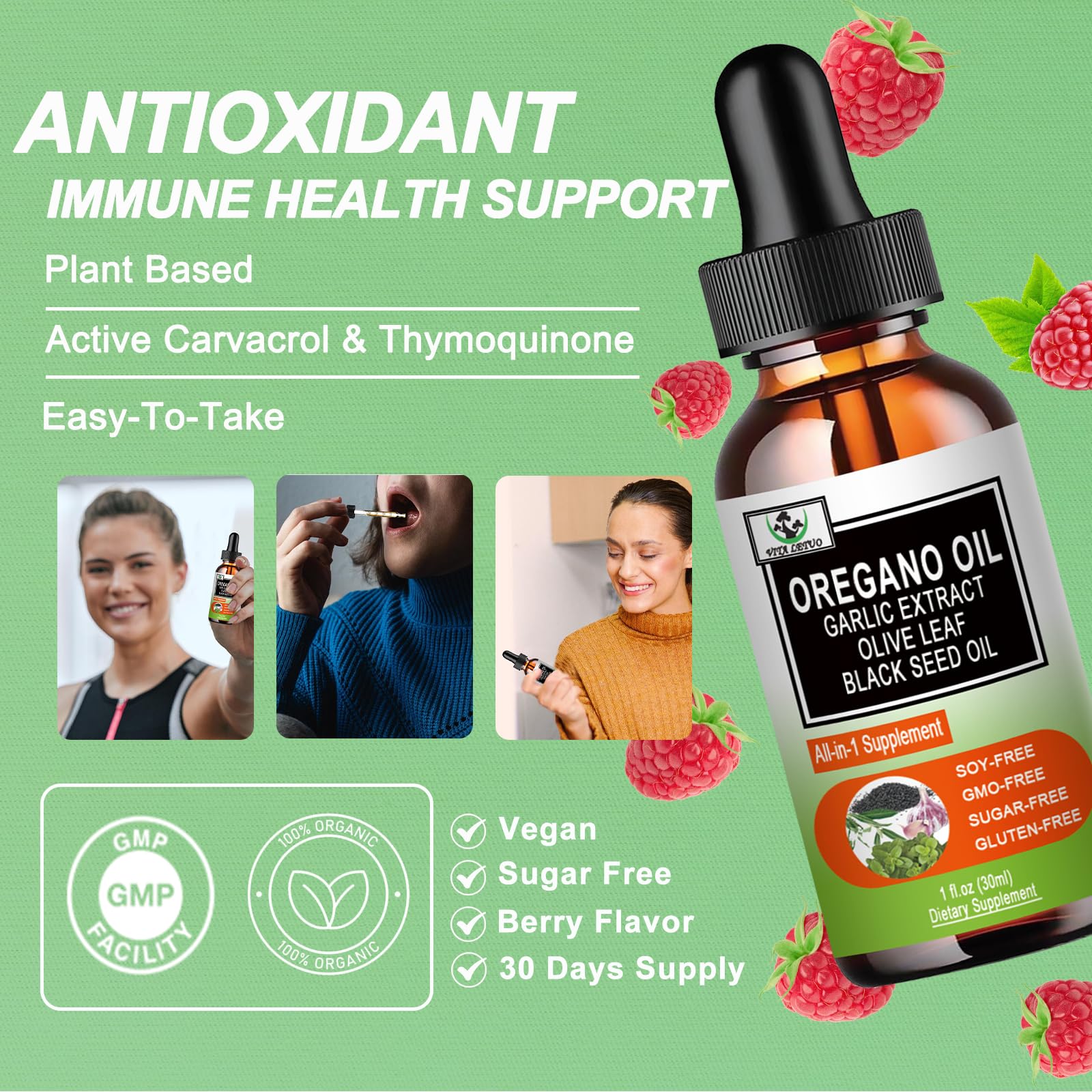 Close-up of oregano oil with black seed oil drops and garlic-elderberry ingredients