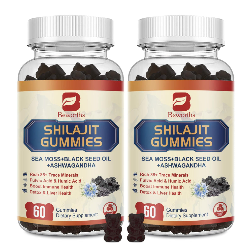 Bottle of 2Pack Shilajit Resin Gummies with sea moss and herbs