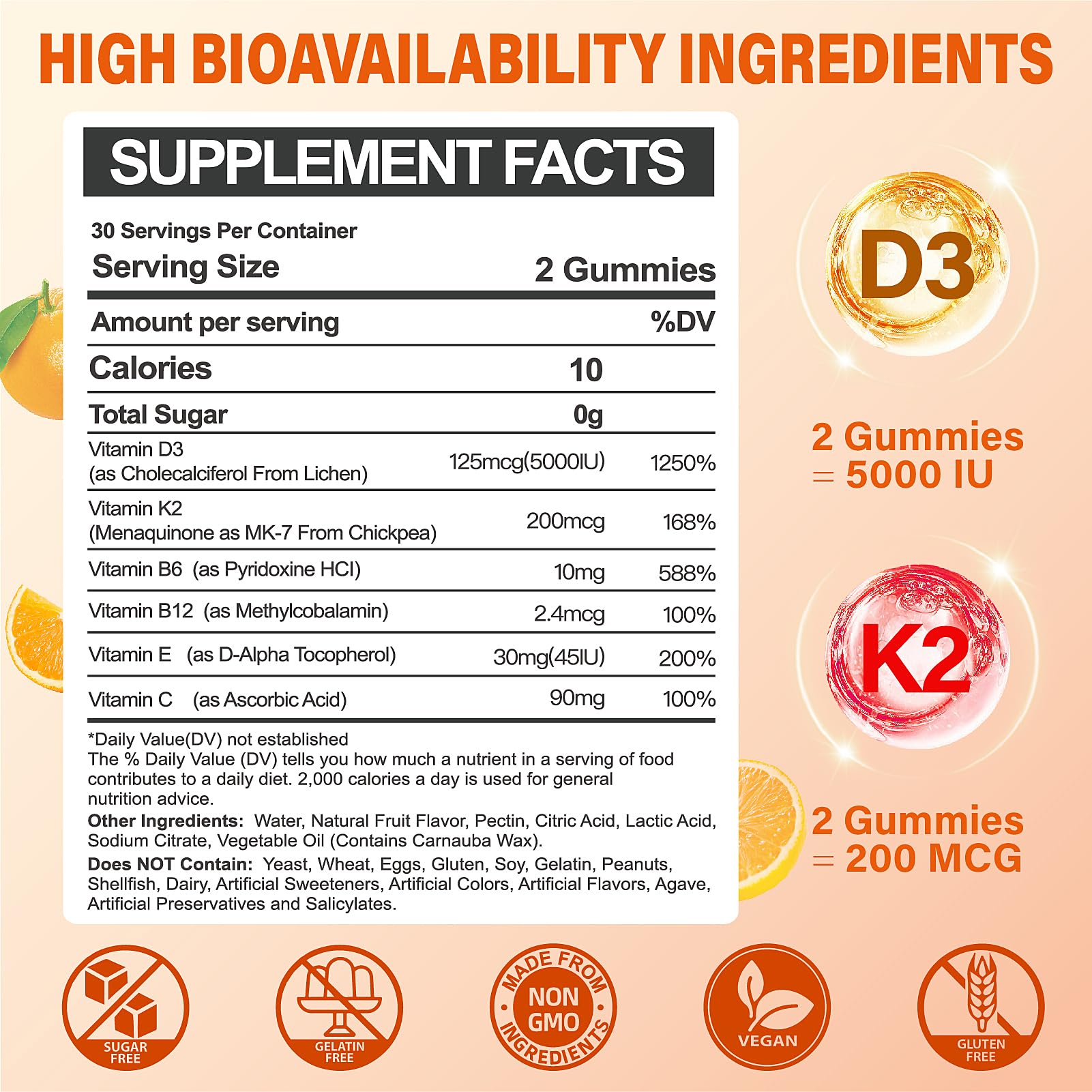 Close-up of orange vegan D3 K2 gummy