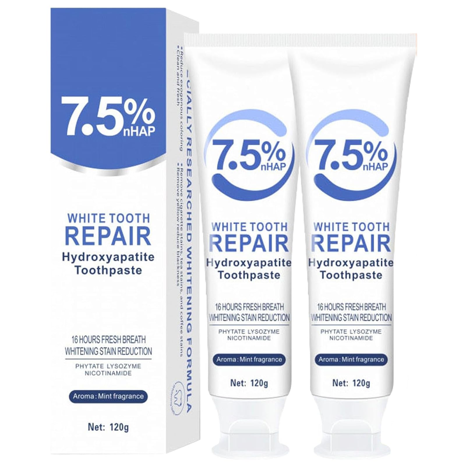 Two tubes of 7.5% hydroxyapatite toothpaste for enamel protection in mint flavor