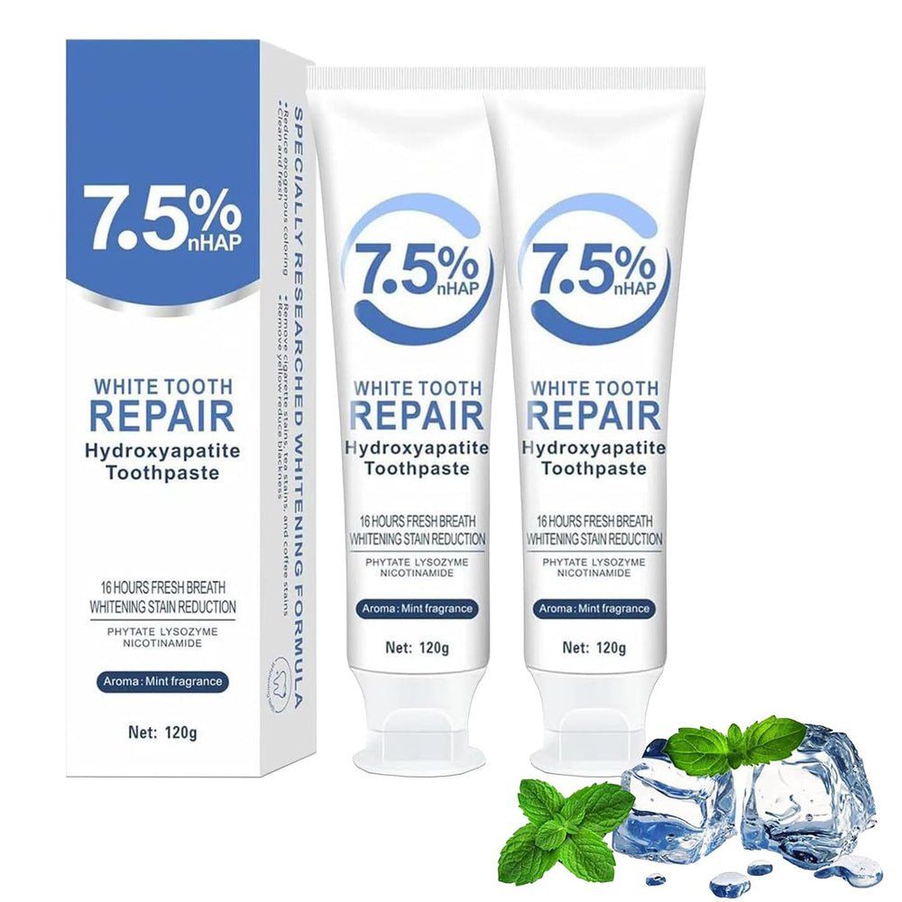 Two tubes of hydroxyapatite toothpaste from a 2-piece package, front view