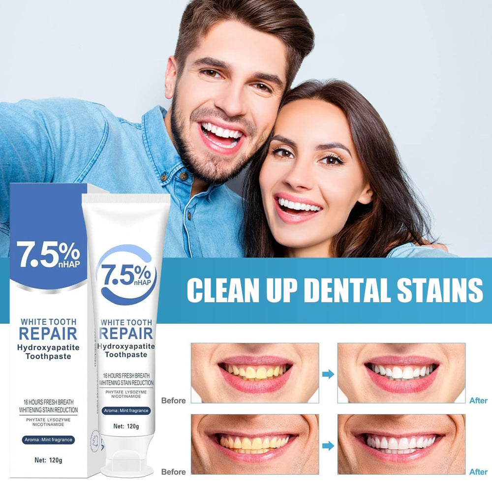 Close-up of hydroxyapatite toothpaste tube