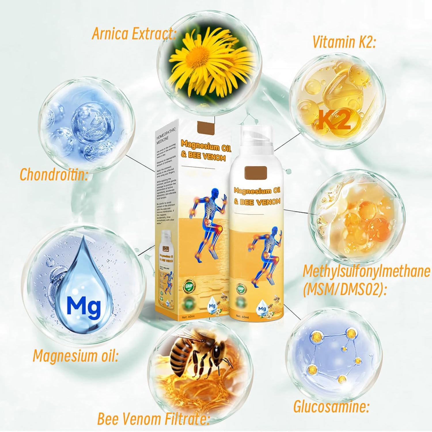 Bee venom joint spray bottle label close-up