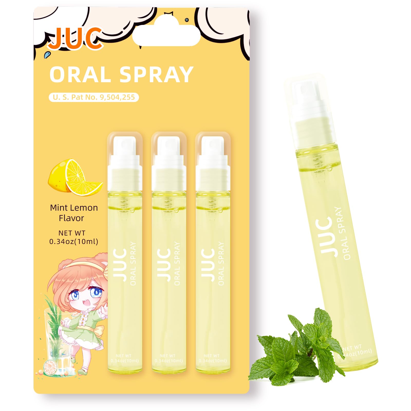 Three-pack mint lemon breath spray bottles, each 0.33 oz (10 ml)