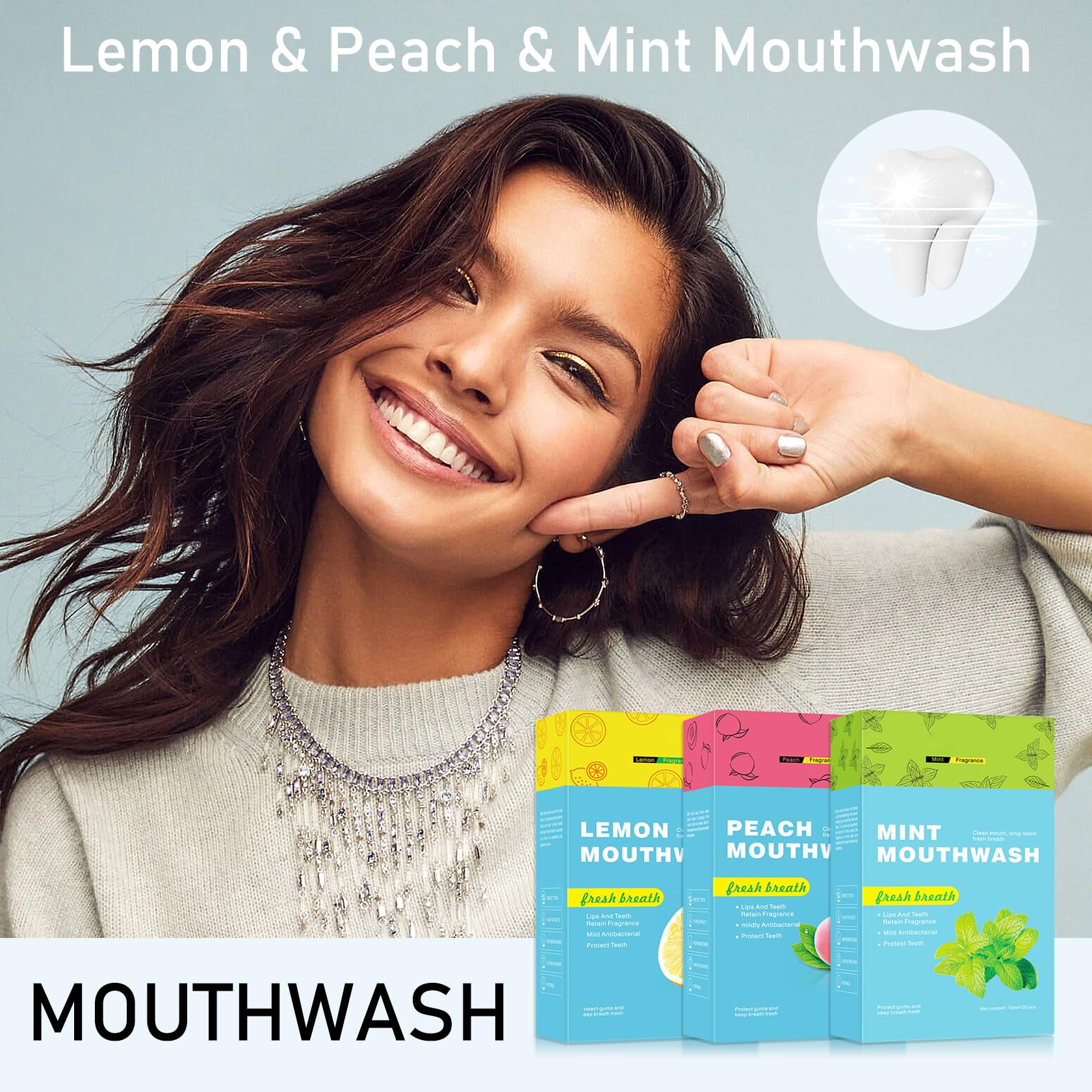 Travel size mouthwash side view showing 3 flavor variety