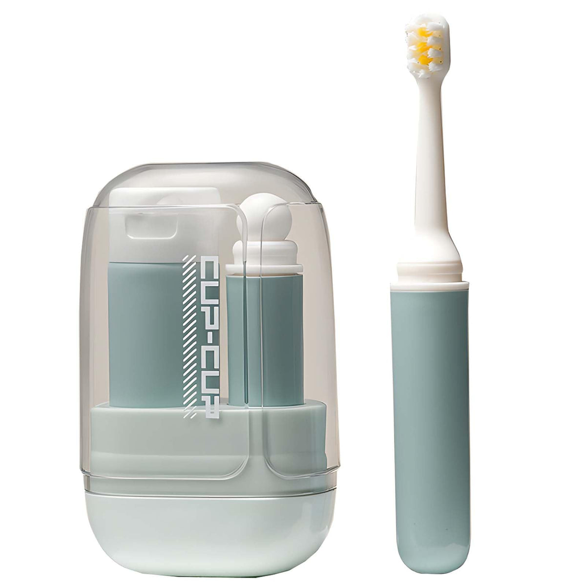 Blue 3-in-1 toothbrush travel case with foldable toothbrush