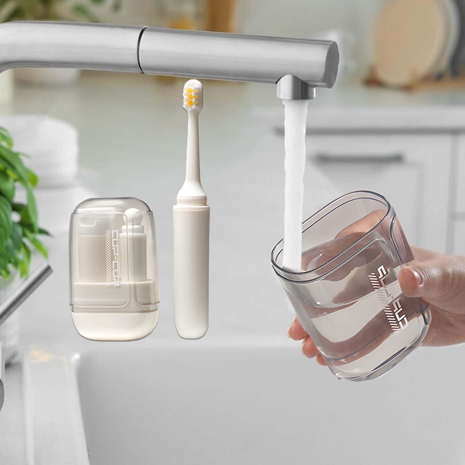 Open view showing folded toothbrush, toothpaste dispenser, and compartments