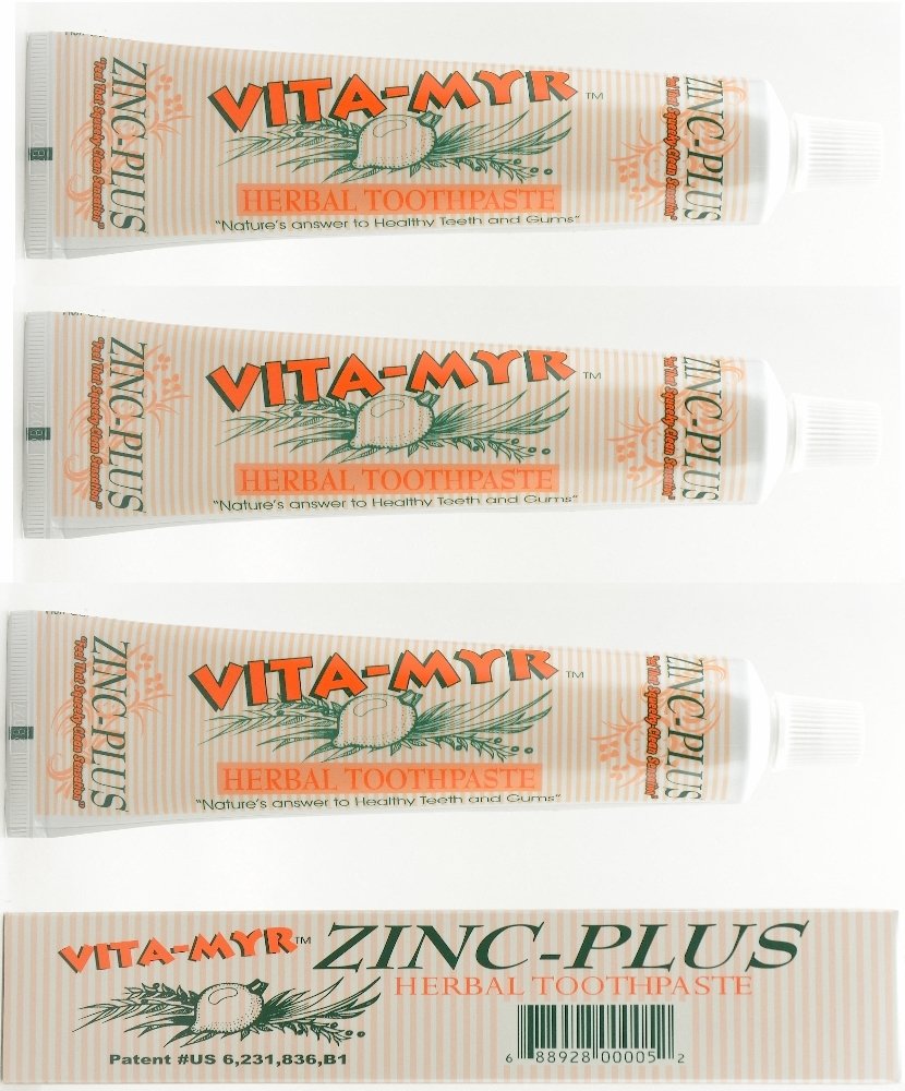 Three-pack packaging of VITA-MYR Zinc Plus Toothpaste 4 oz