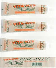 Three-pack packaging of VITA-MYR Zinc Plus Toothpaste 4 oz