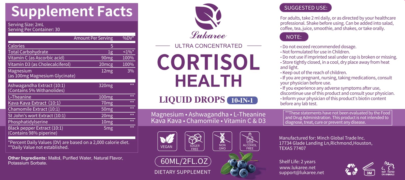 One-month (30-day) supply of cortisol support liquid drops