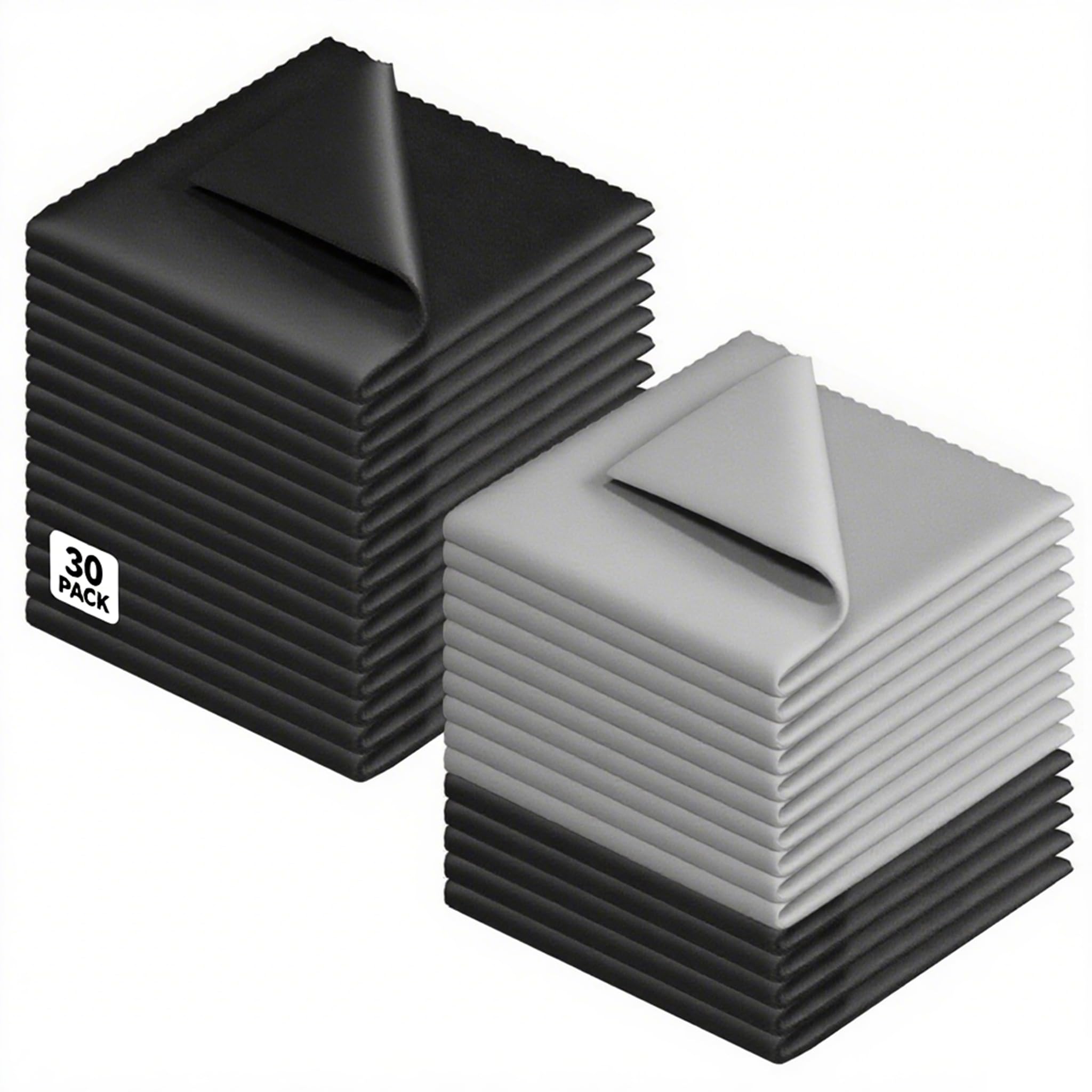 30-pack microfiber cleaning cloths for glasses and screens in black and gray