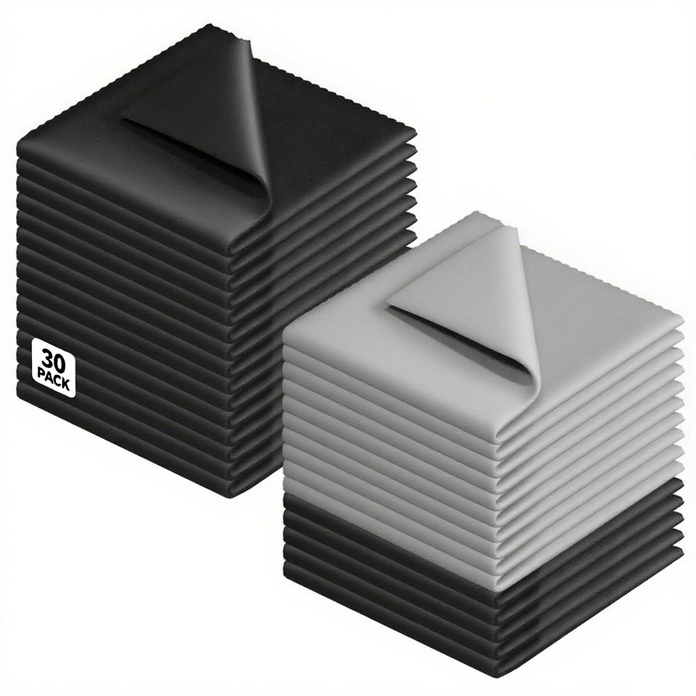 30-pack microfiber cleaning cloths for glasses and screens in black and gray