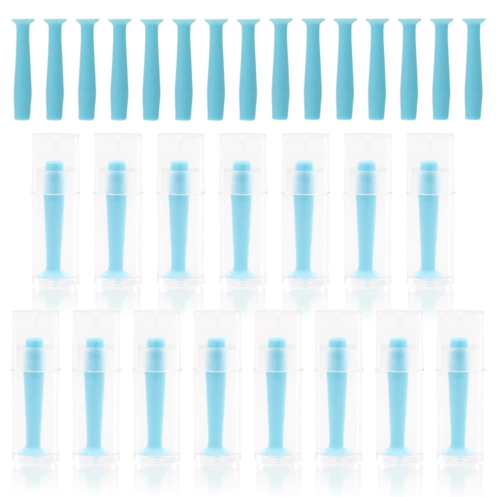 30-piece contact lens remover tool set with blue silicone plunger and storage bottle