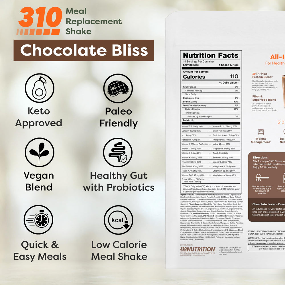 310 Nutrition Chocolate Bliss shake glass features creamy chocolate flavor for a quick healthy breakfast.