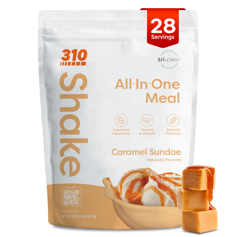 310 Nutrition All-In-One package—Caramel Sundae flavor—convenient meal replacement on busy mornings.