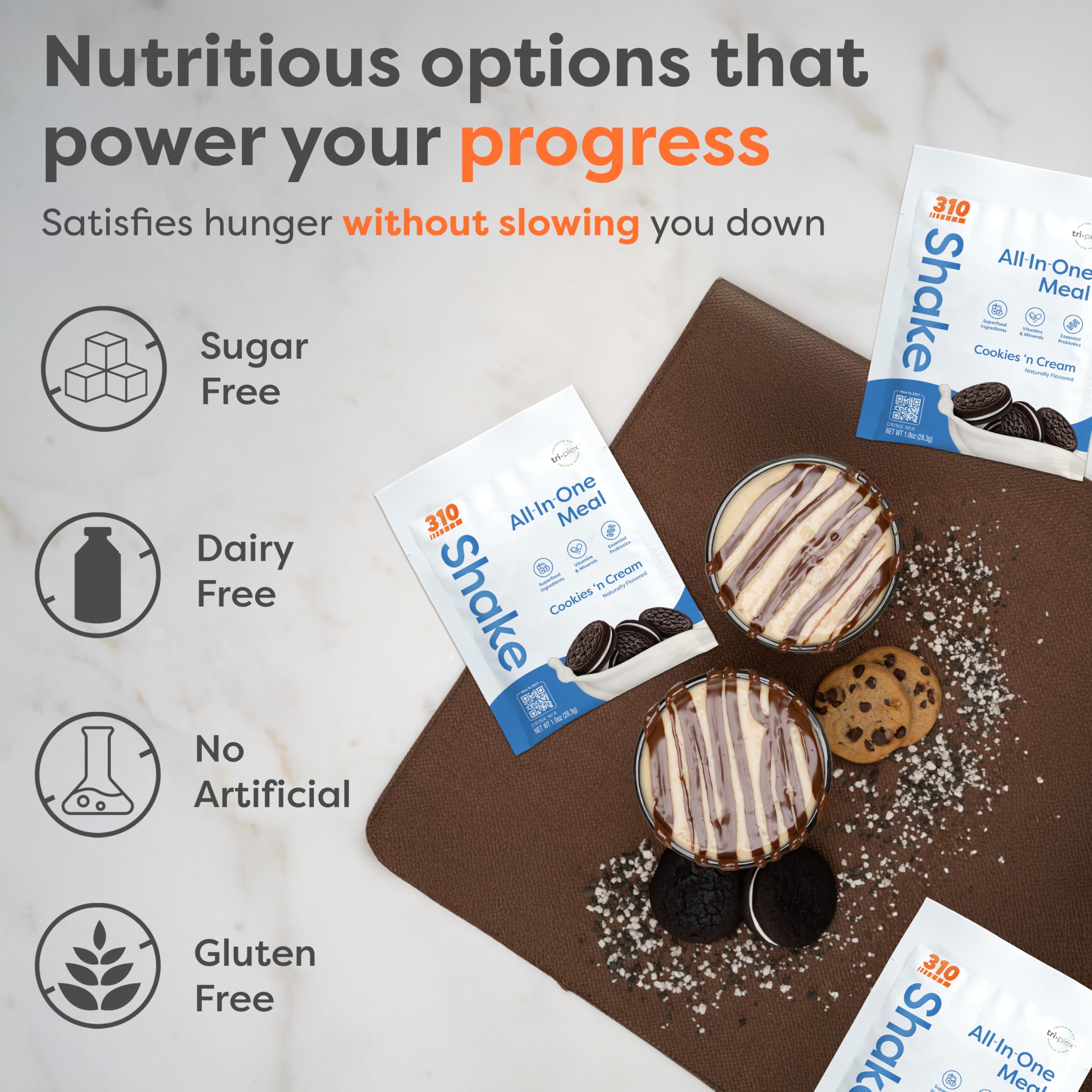 310 Nutrition all-in-one cookies-cream prepared shake in glass for easy drinking