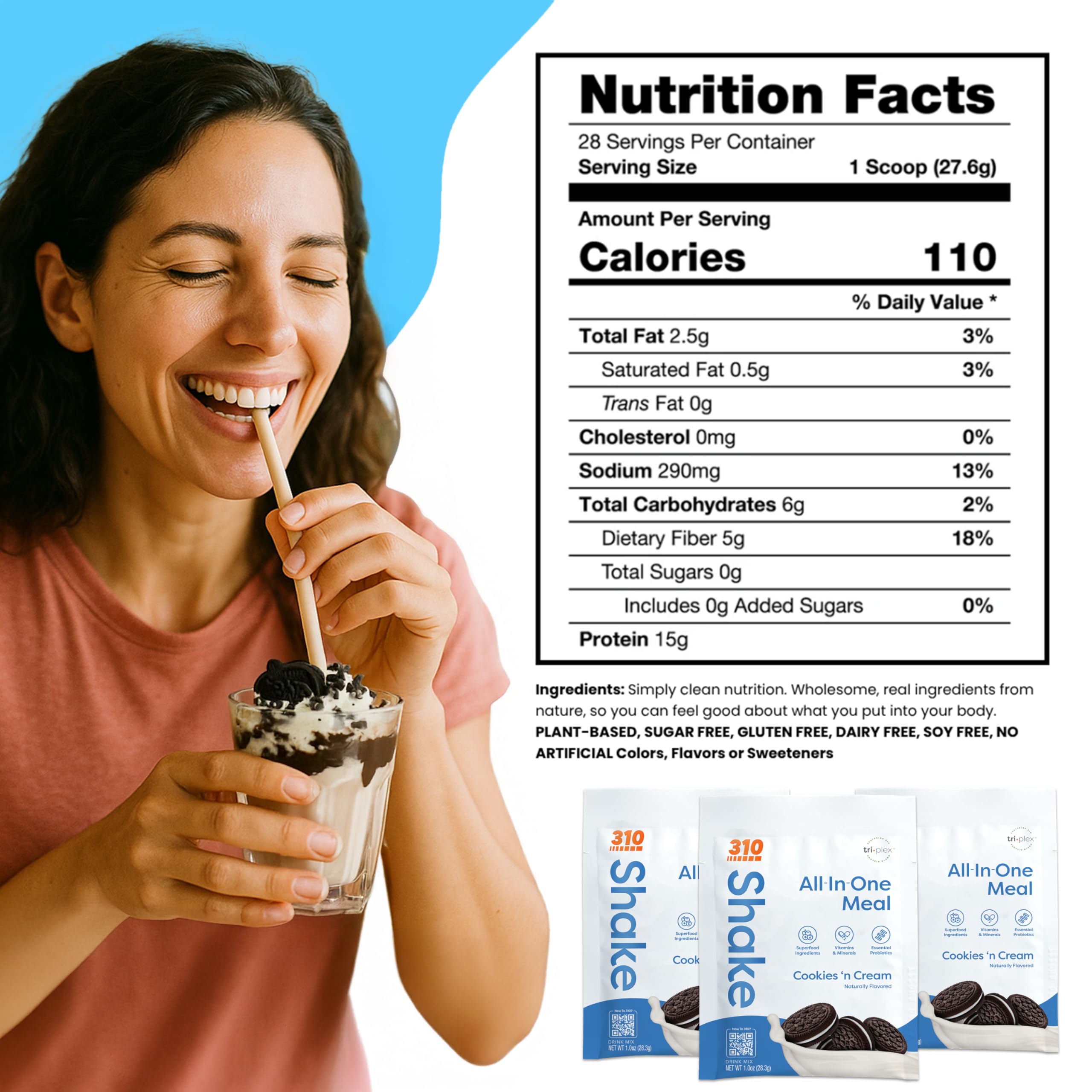 310 Nutrition all-in-one cookies-cream single-serving pack supports busy mornings