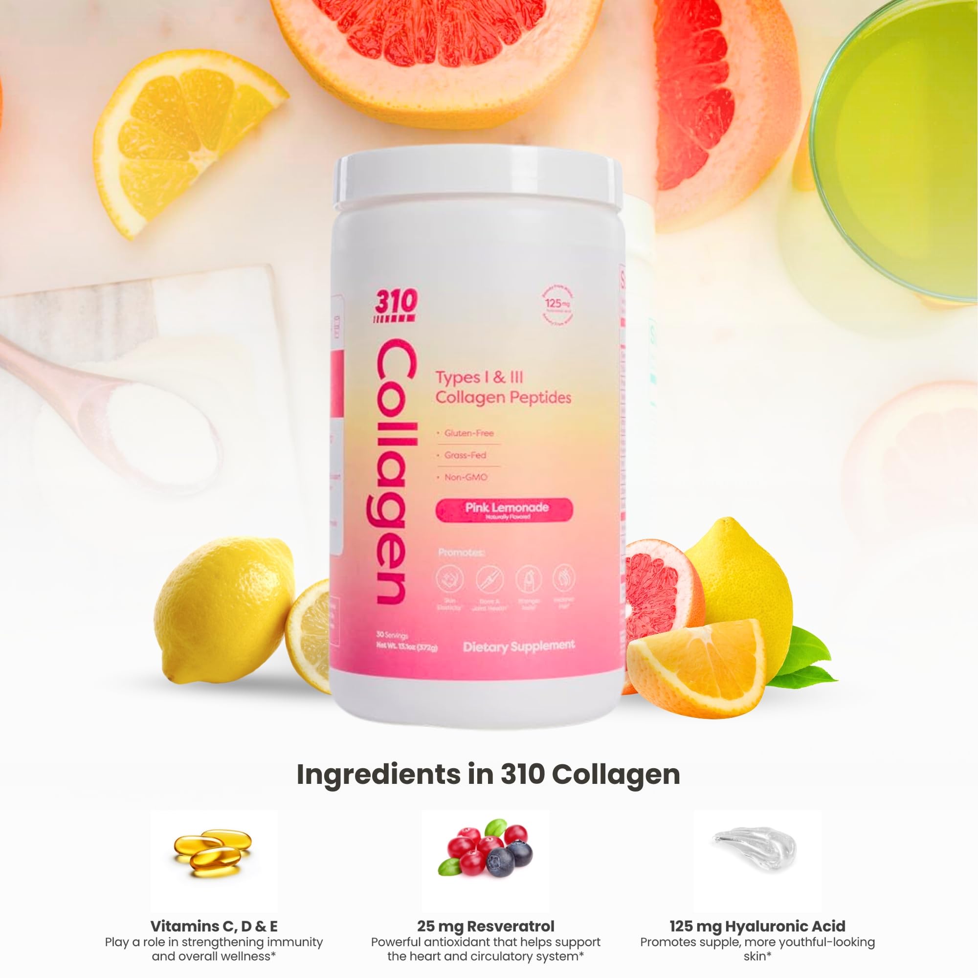 Collagen powder being stirred into a pink lemonade drink