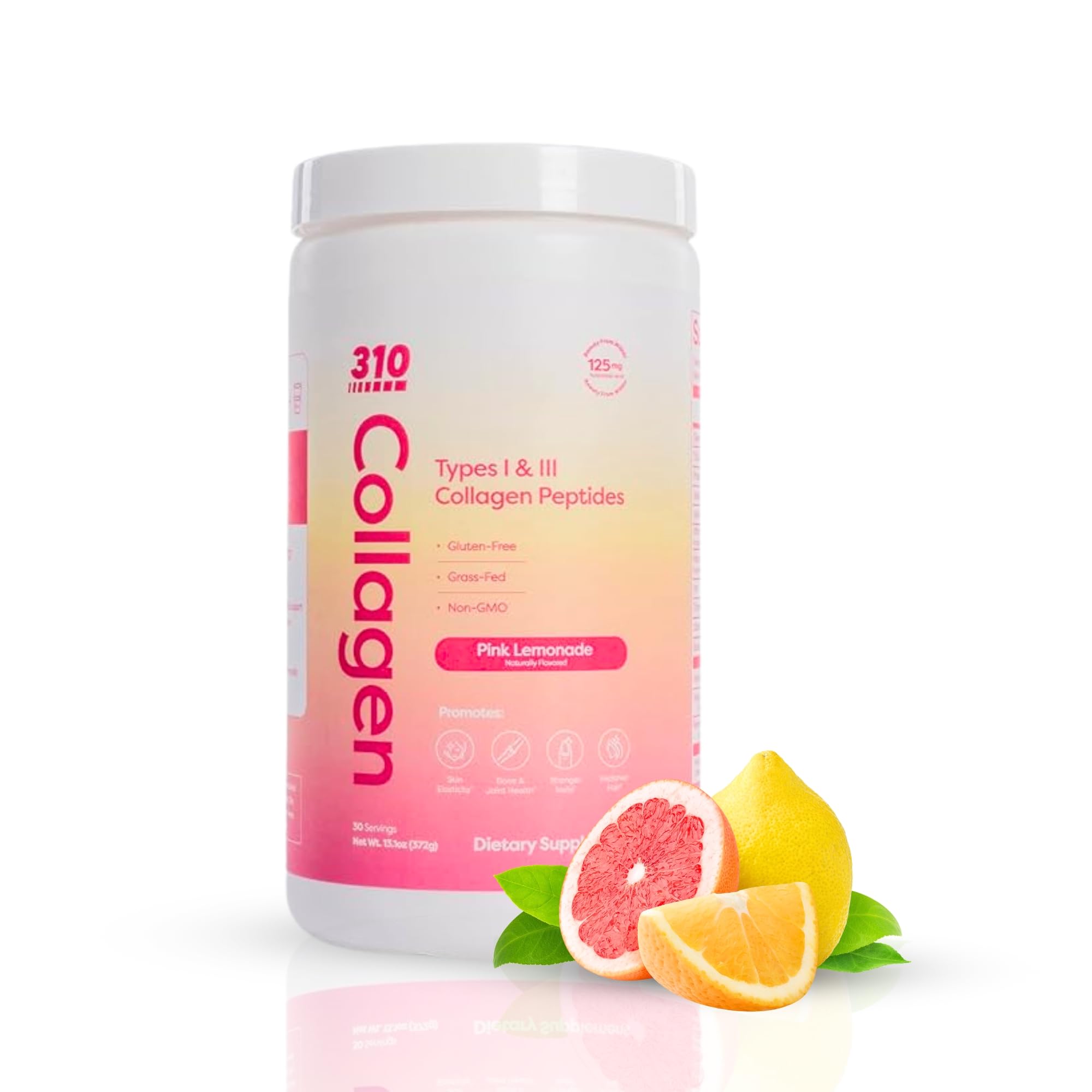 310 Nutrition Hydrolyzed Collagen Peptides Pink Lemonade tub with powder scoop