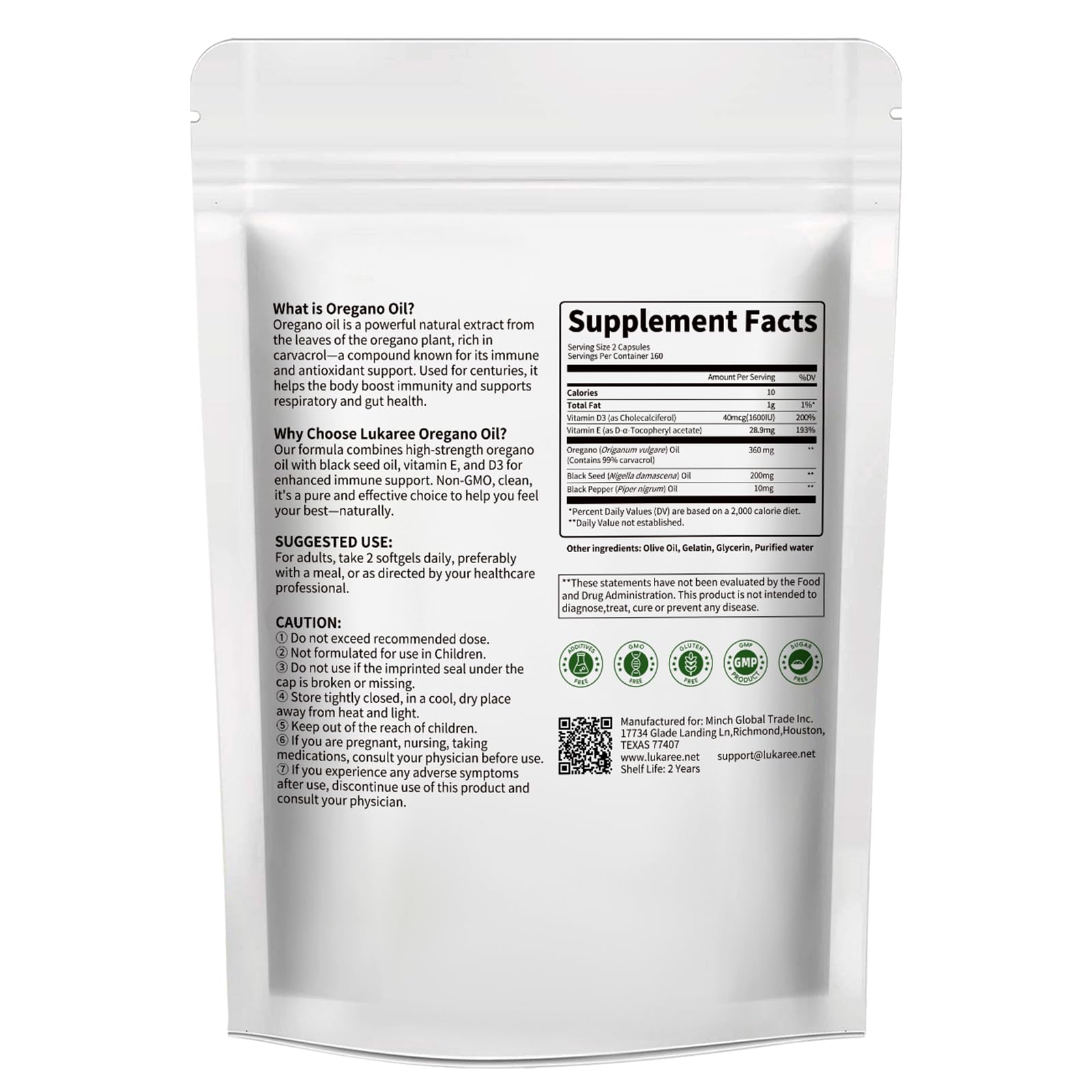 Bag containing 320 oregano oil softgels for months of daily use