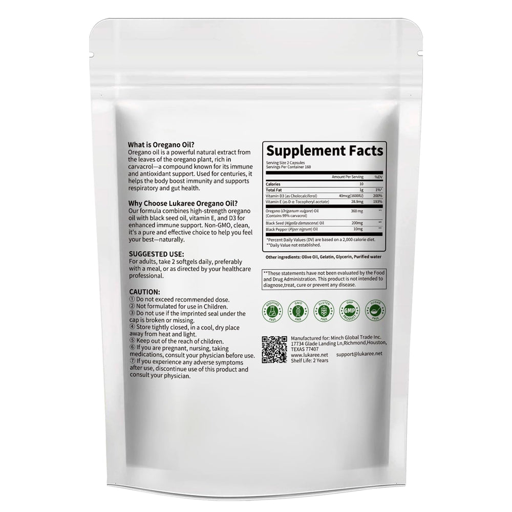 Bag containing 320 oregano oil softgels for months of daily use