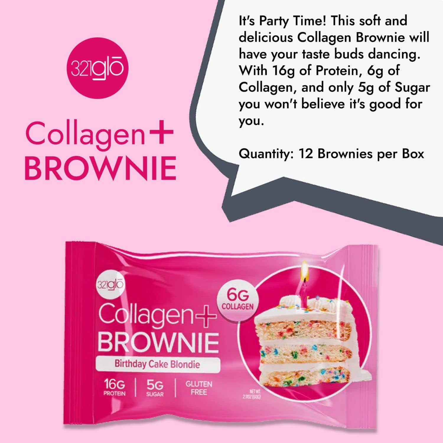 321glo Collagen Protein Brownie cross-section displays 16g protein and 6g collagen per serving.