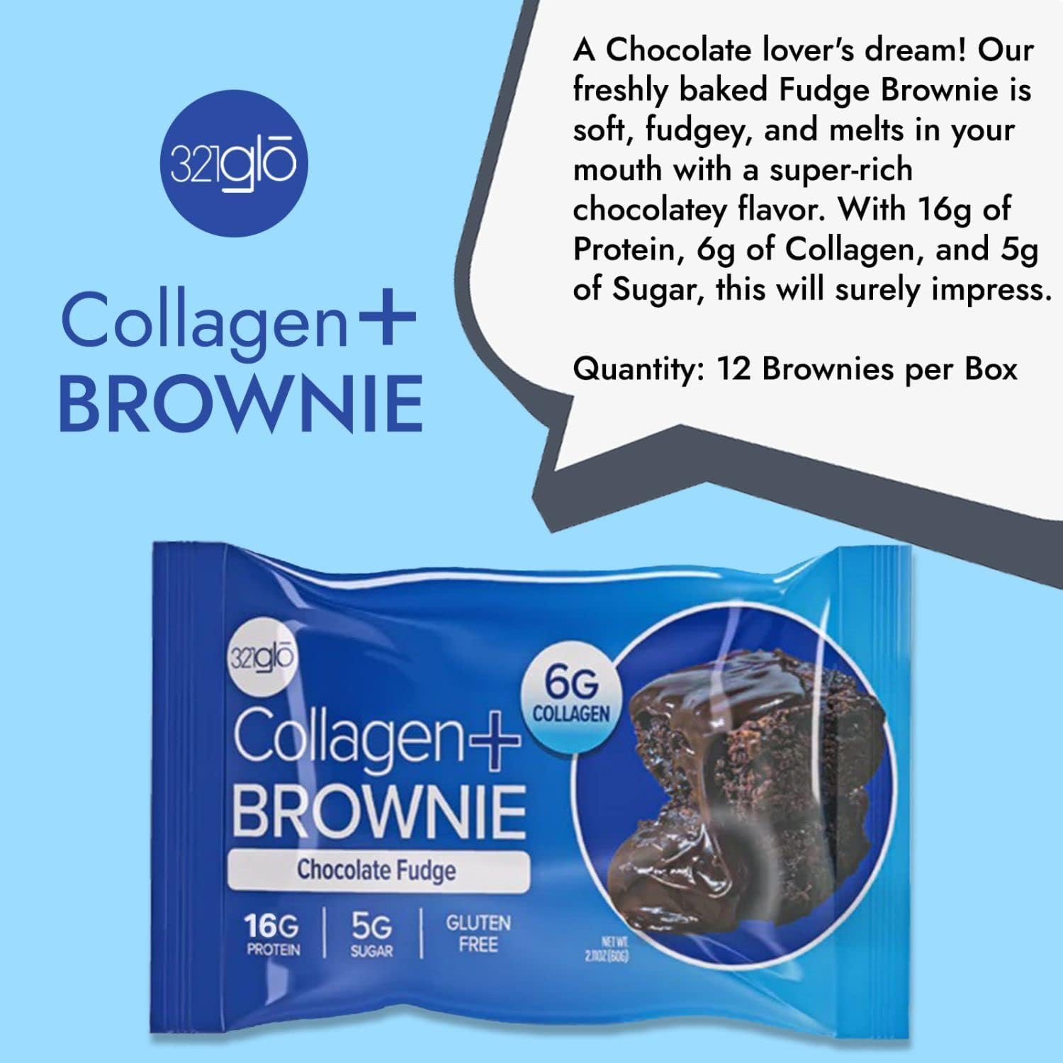 321glo Collagen Protein Brownie on-the-go serving offers convenient protein.