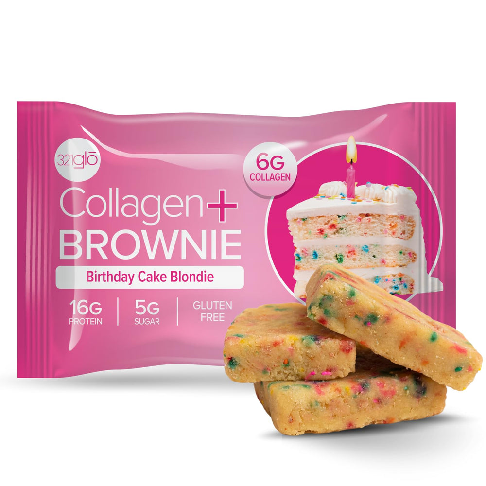 321glo Collagen Protein Brownie packaging highlights gluten-free keto-friendly snacking.