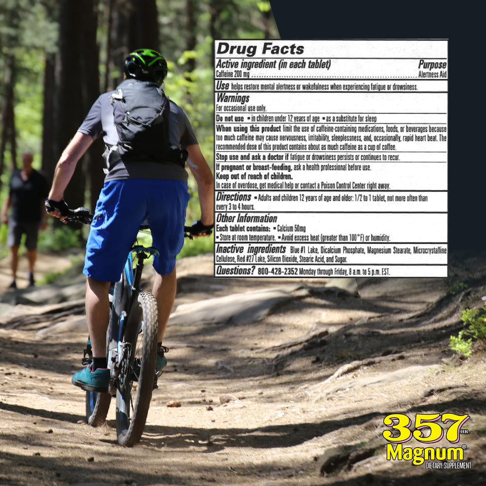 357 HR MAGNUM energy tablets closeup capsules reveal 200 mg caffeine.